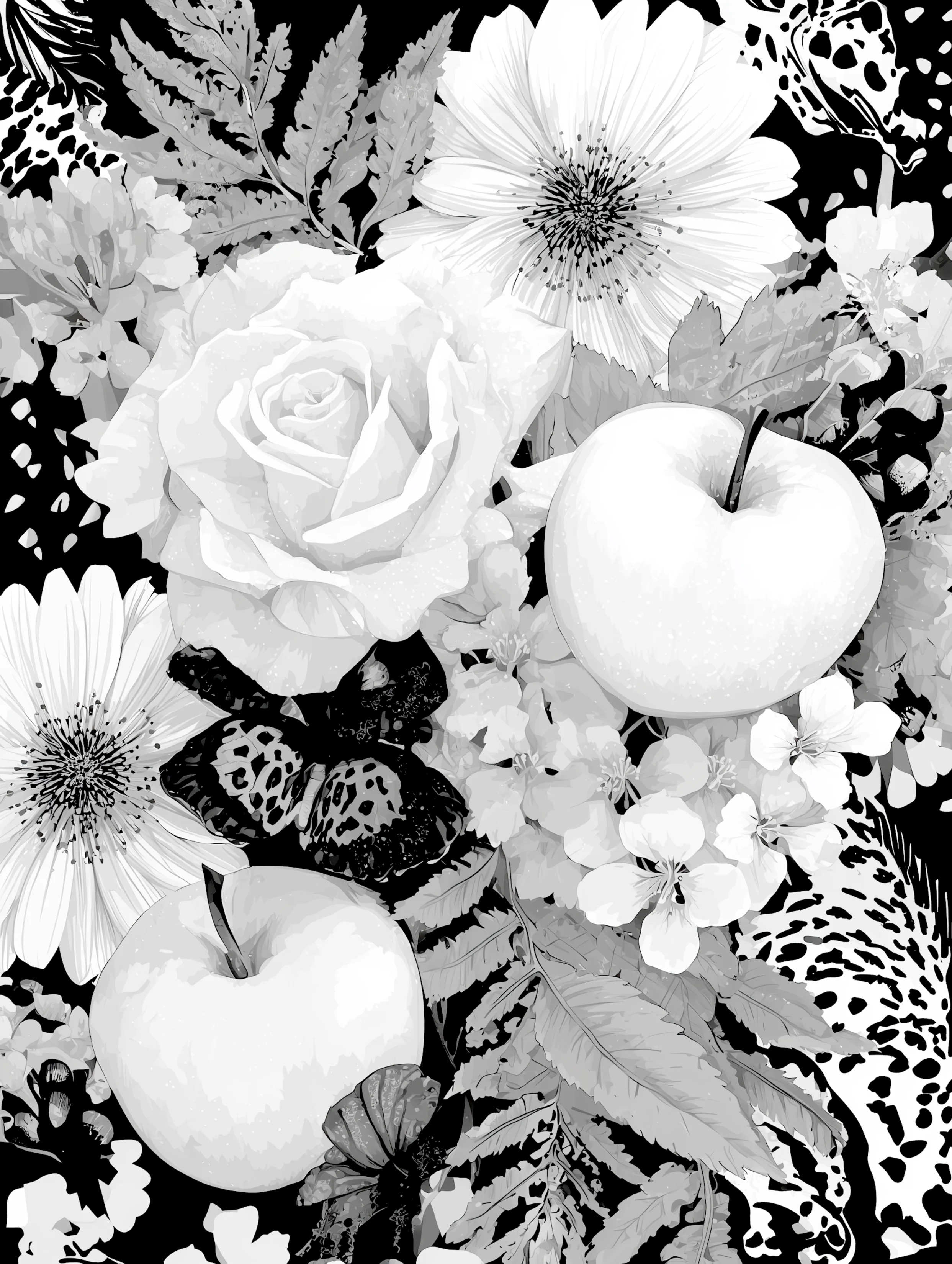 Free printable apple coloring page for adults featuring two white apples and a bouquet